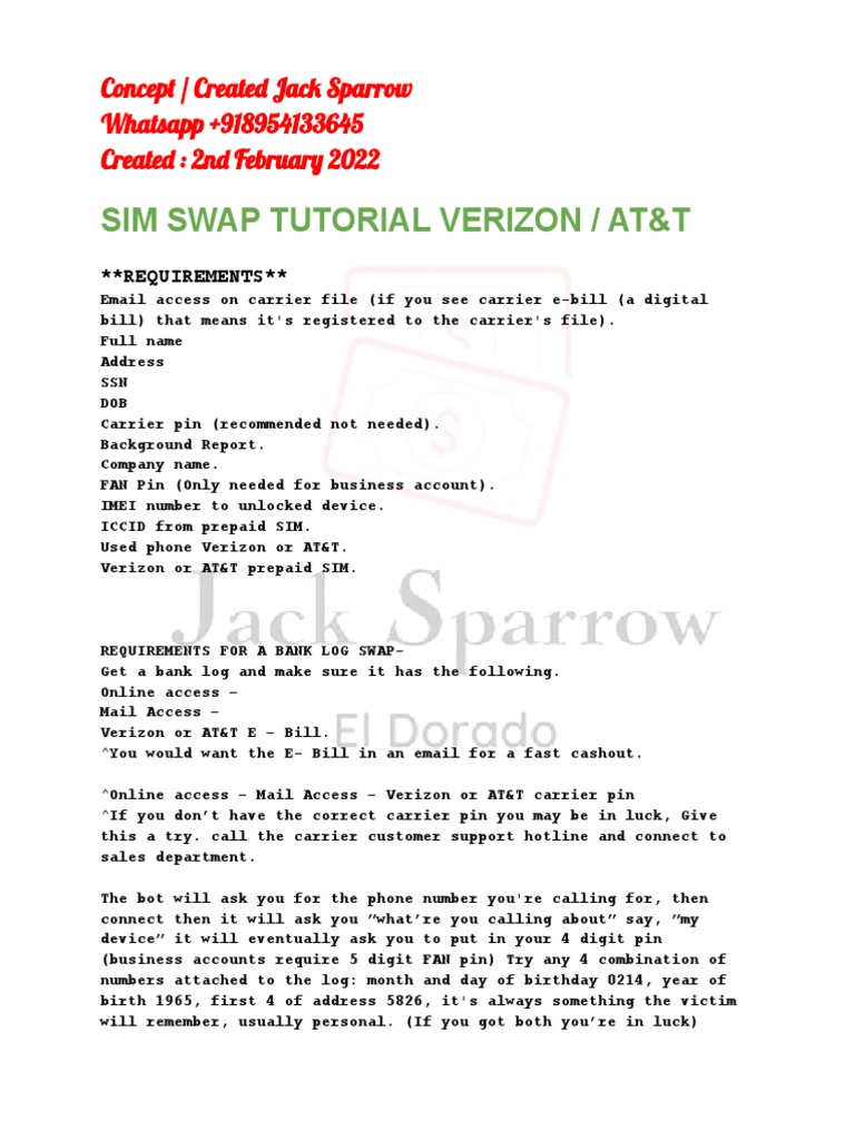 Sim Swap Tutorial Verizon / At&T: Concep / Create Jac Sparrow Whatsapp  +918954133645 Create: 2n Februar 2022 | PDF | Personal Identification  Number | Prepaid Mobile Phone