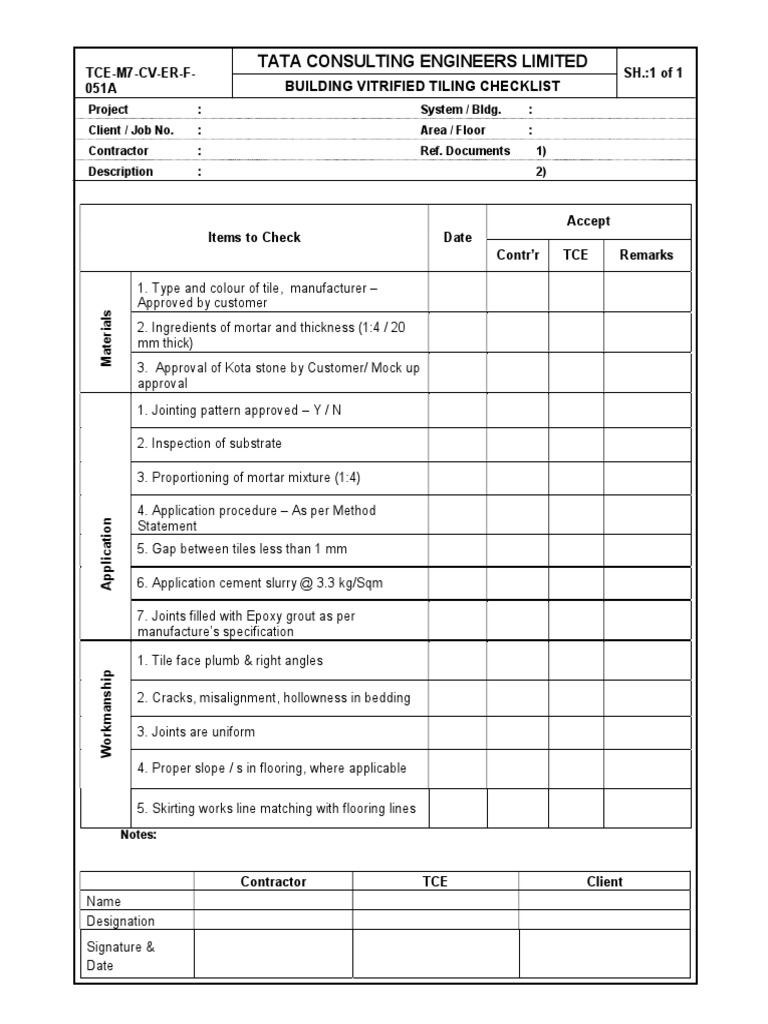 Vitrified Tiling Inspection Checklist | PDF