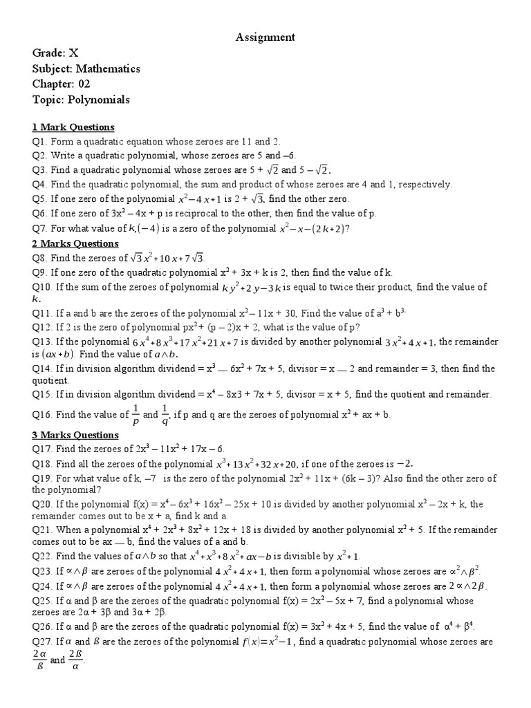 Assignment Grade: X Subject: Mathematics Topic: Polynomials: 1 Mark ...