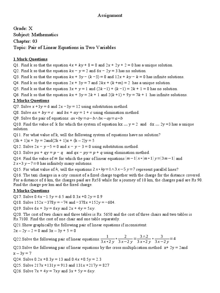 03 Pair of Linear Equations in Two Variables | PDF | Equations | Speed