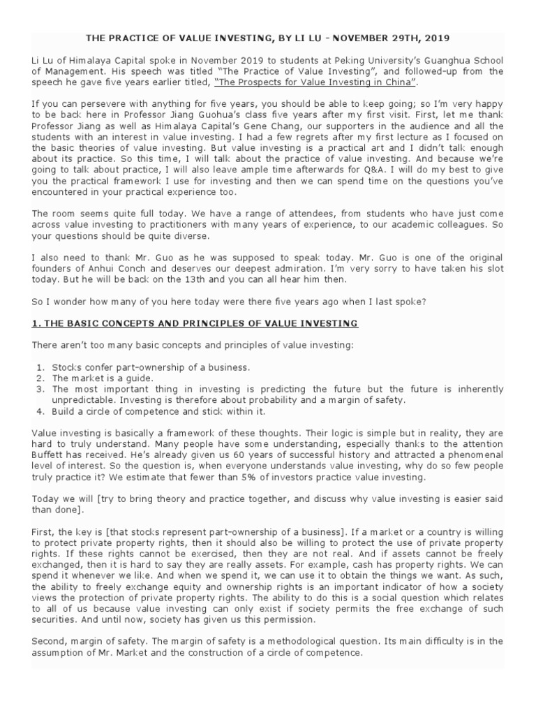The Practice of Value Investing Li Lu Download Free PDF Investor