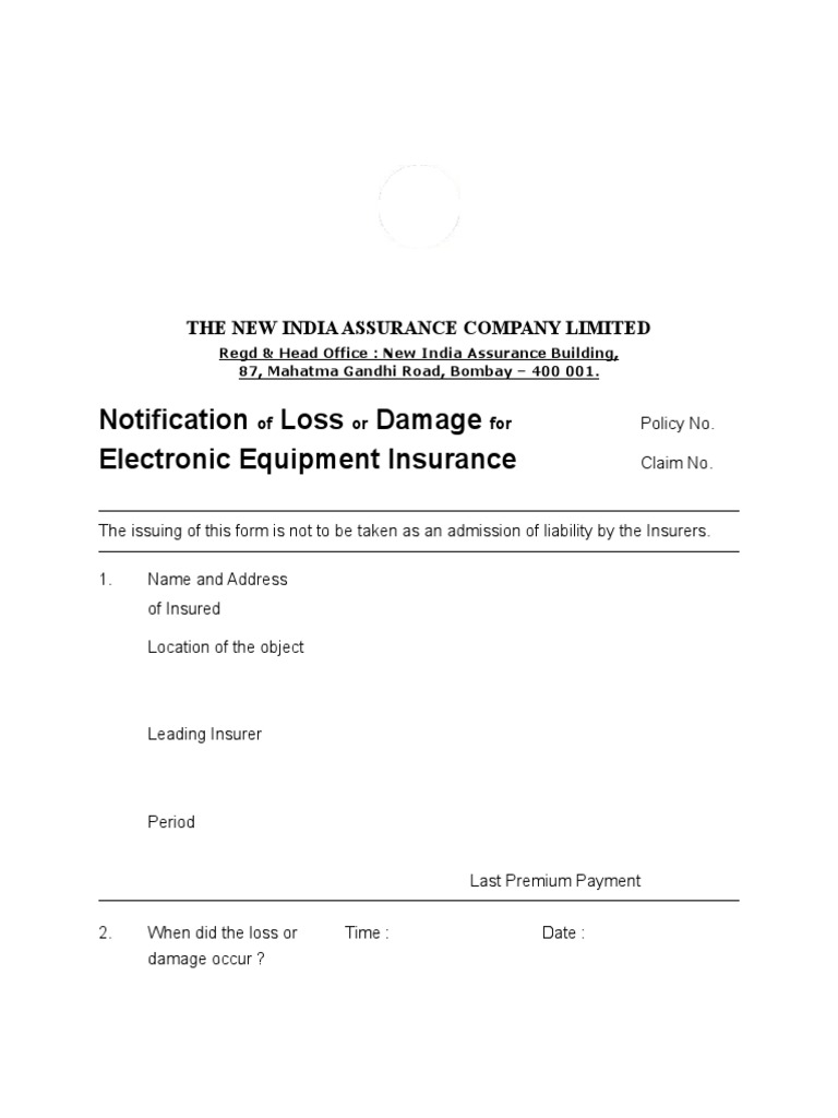 Notification Loss Damage Electronic Equipment Insurance The New India