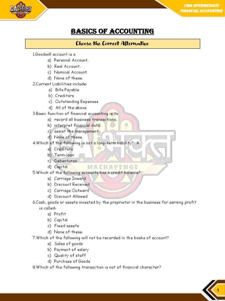 Cma Inter MCQ Booklet Financial Accounting Paper 5 PDF Financial
