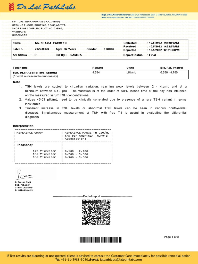 Thyroid Test Report for Patients | PDF | Thyroid Stimulating Hormone ...