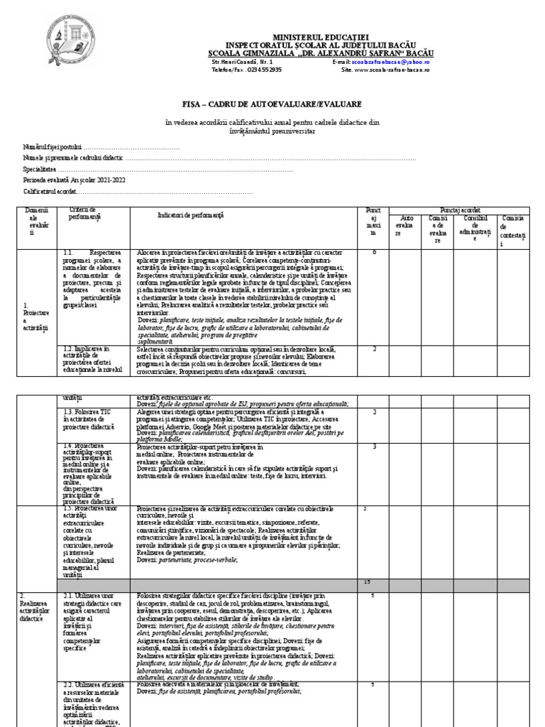 FIȘA CADRU DE AUTOEVALUARE EVALUARE Cadre Didactice | PDF