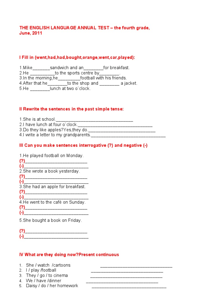 English Test for 4th Grade Students | PDF