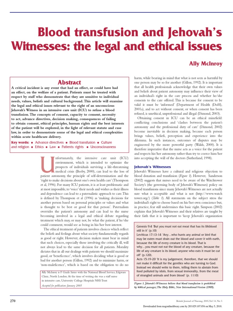 Blood Transfusion and Jehovah's Witnesses The Legal and Ethical