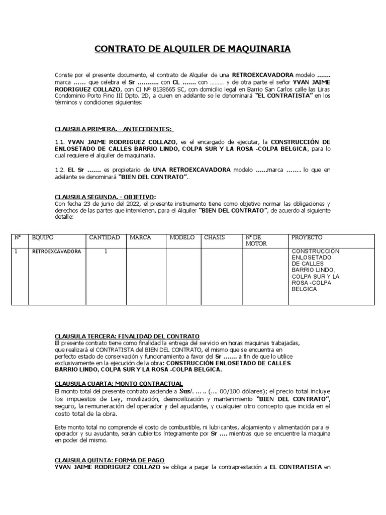 Contrato de Alquiler de Retroexcavadora | PDF