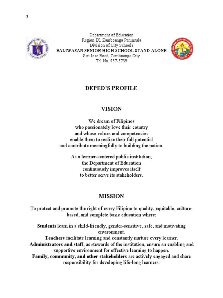 Deped'S Profile Vision: Baliwasan Senior High School Stand-Alone ...