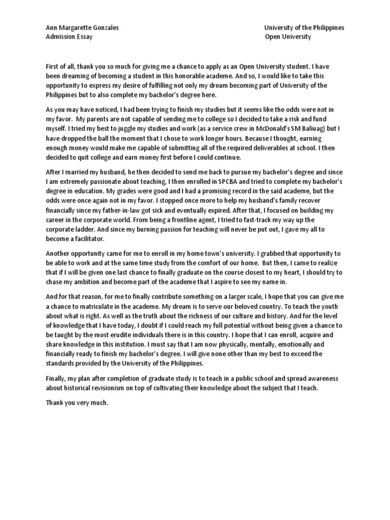 Admission Essay UP Gonzales Ann Margarette | PDF