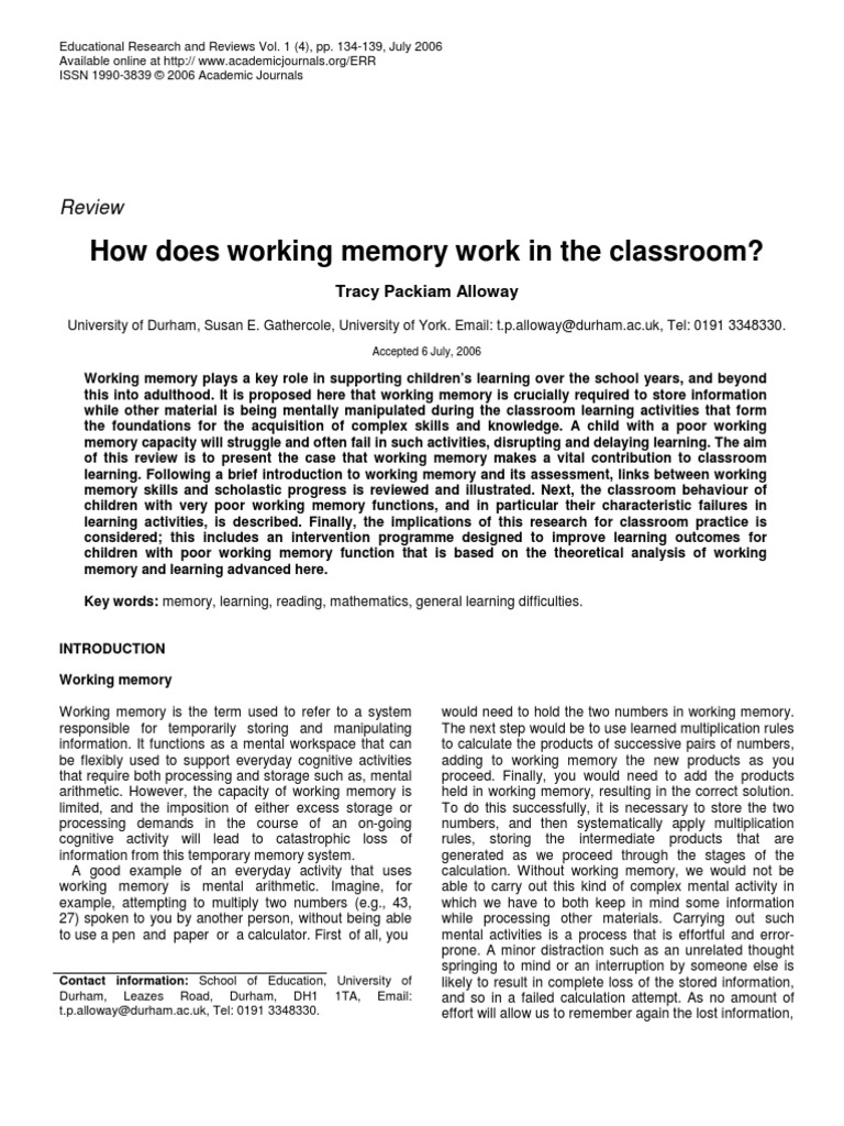 How Does Working Memory Work in The Classroom?: Review | PDF