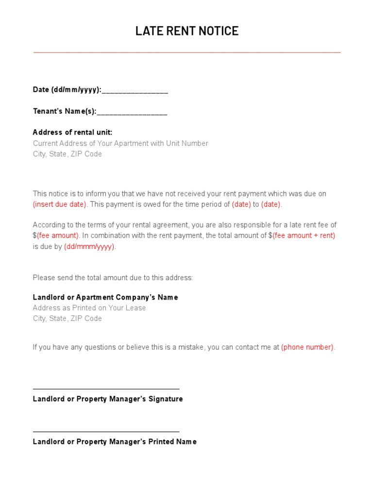 Late Rent Payment Notice Template | PDF | Finance & Money Management