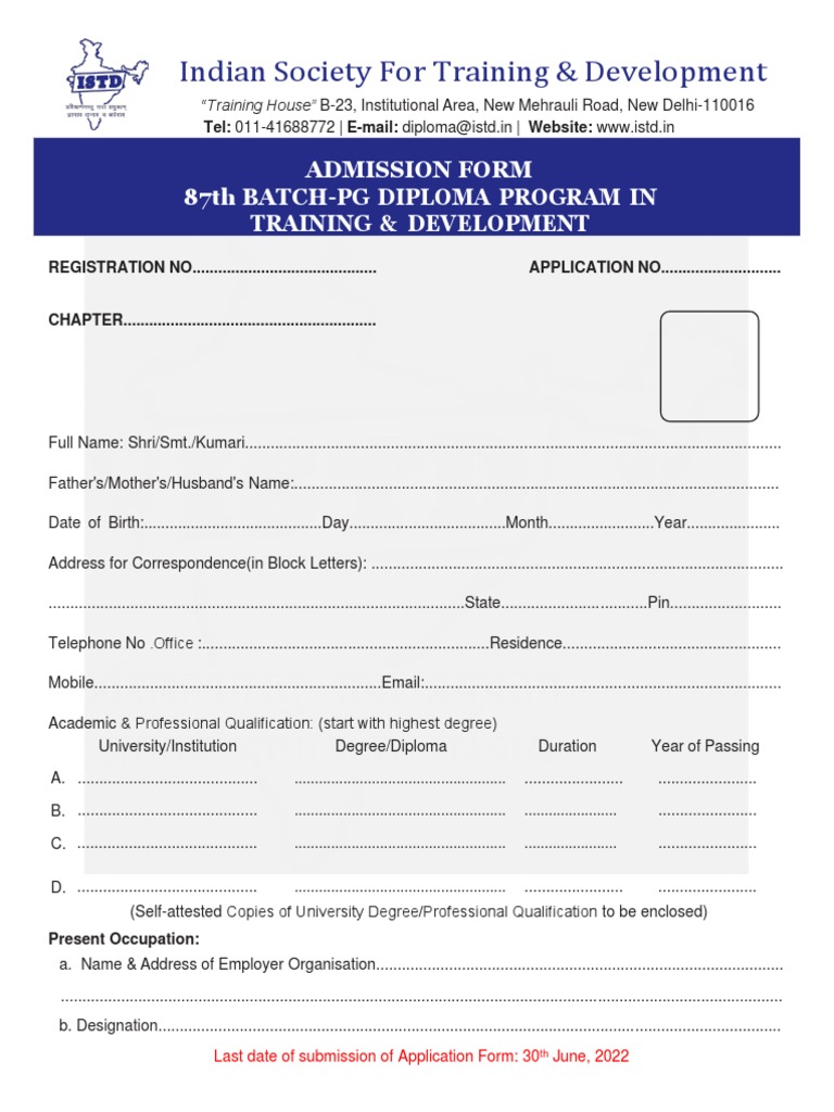 ISTD Diploma Program Admission Form | PDF | Career & Growth