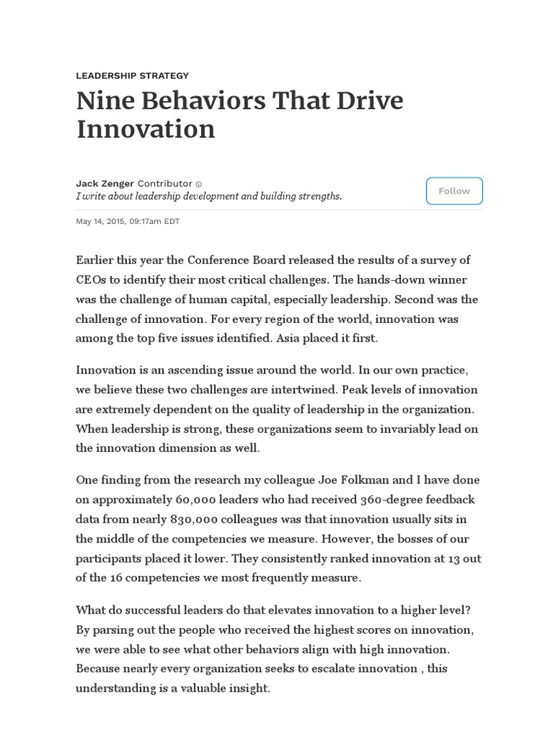 Nine Behaviors That Drive Innovation | PDF | Leadership | Innovation