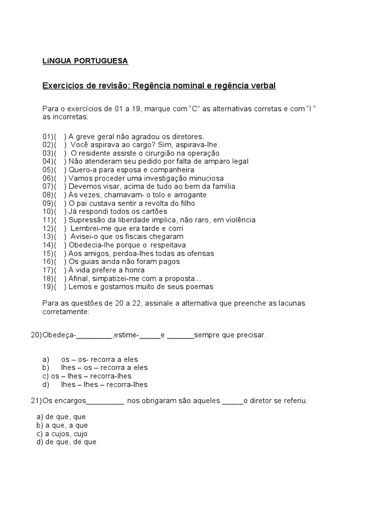 Exercicios de Regência Verbal e Nominal | PDF
