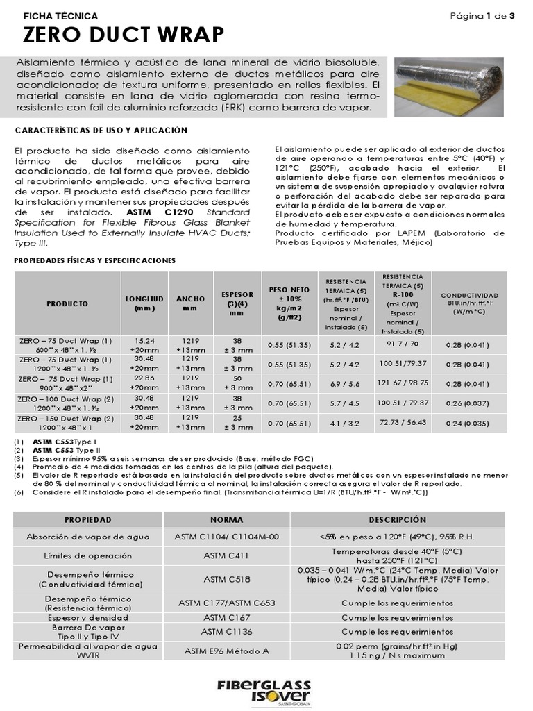 Hoja técnica proporciona especificaciones detalladas para aislamiento