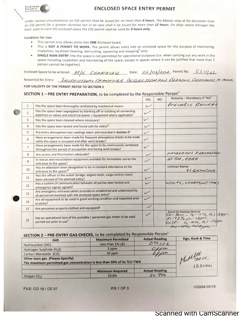 Enclosed Space Entry Permit | PDF
