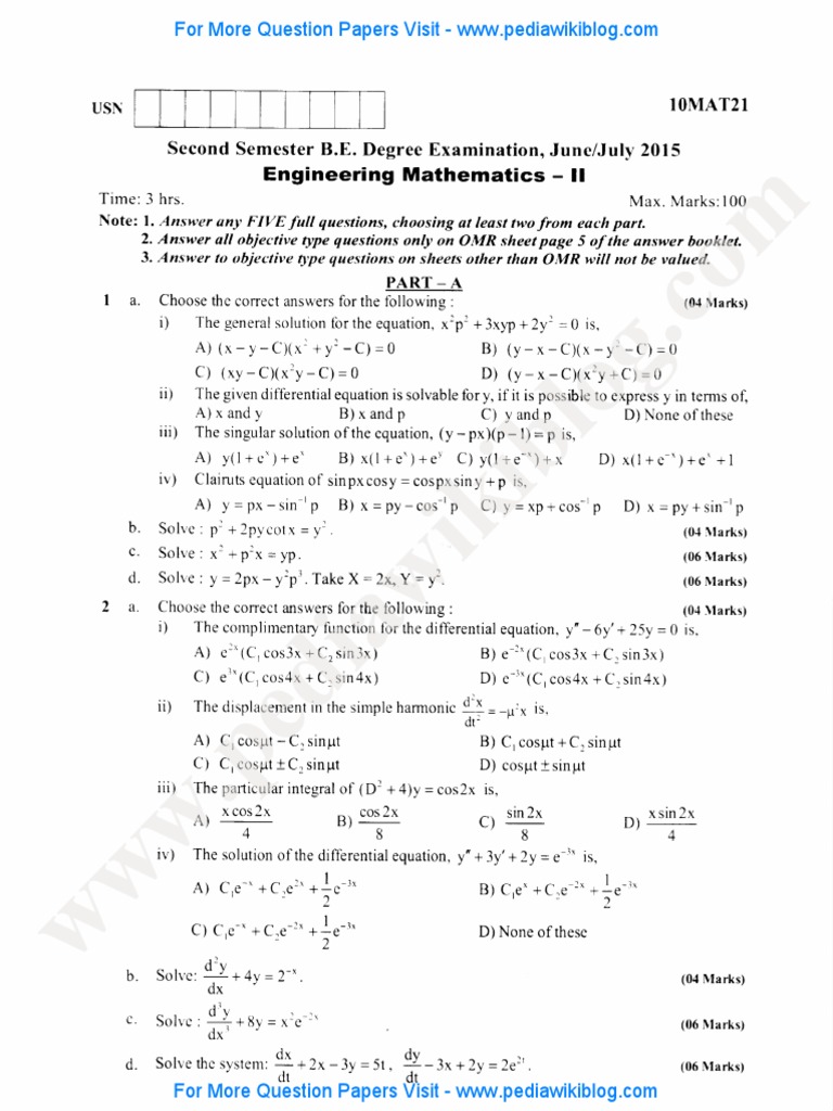 Engineering Mathematics II Exam Paper | PDF | Equations | Algebra