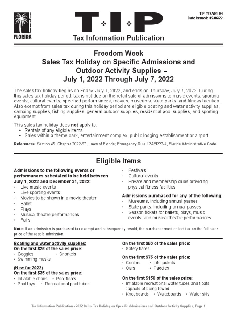 Florida TaxFree Holiday July 17, 2022 PDF Sales Taxes In The