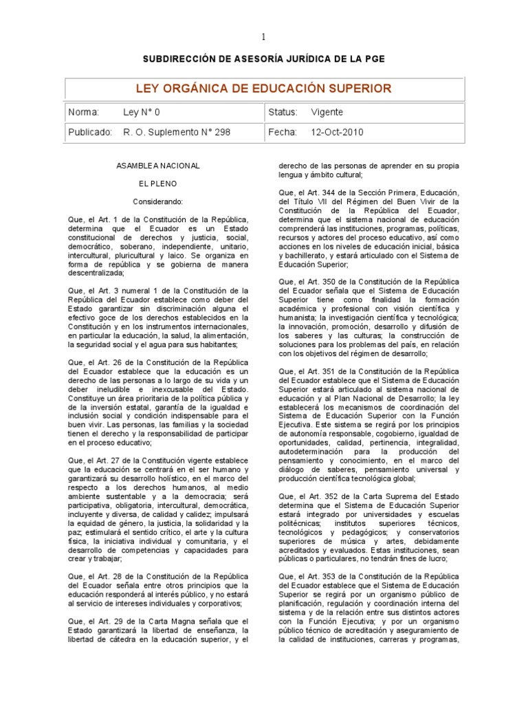 Ley Orgánica de Educación Superior Ecuador | PDF | Educación más alta ...