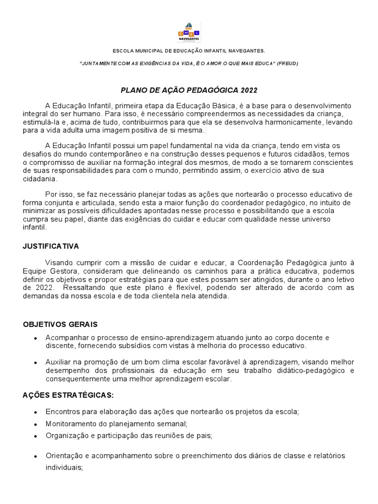 Plano de Ação Pedagógica EMEI Navegantes 2022 | PDF | Pré-escola ...
