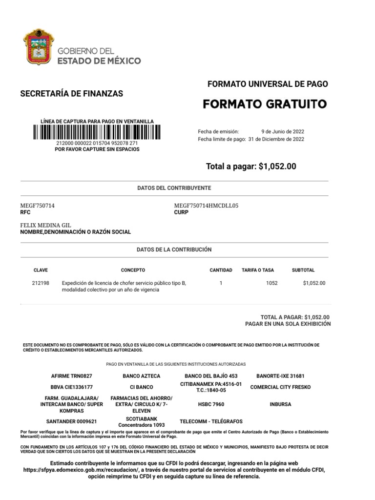 Secretaría de Finanzas Formato Universal de Pago | PDF | Bancos | Economias