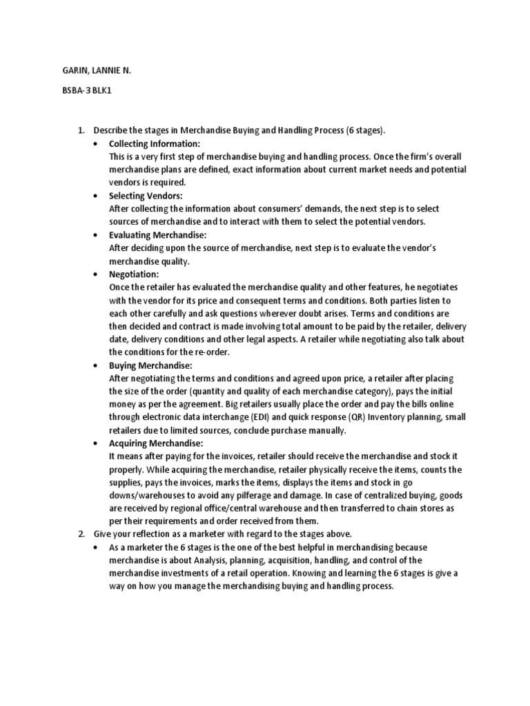 Merchandising Buying and Handling Process PDF Retail Merchandising