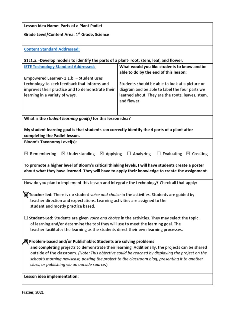 Plant Parts Lesson for 1st Grade | PDF | Learning | Lesson Plan
