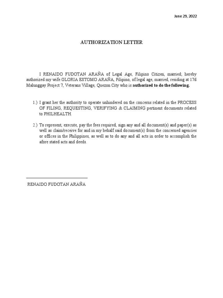 Authorization Letter To Philhealth