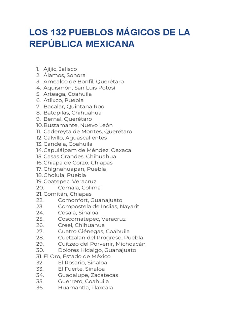 Los 132 Pueblos Mágicos de La República Mexicana | PDF | Relaciones ...