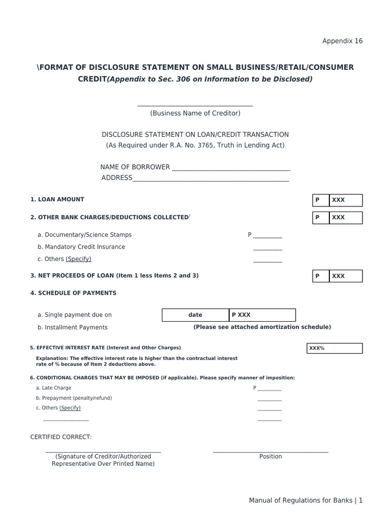 format of Disclosure Statement On Small Business/Retail/Consumer Credit ...