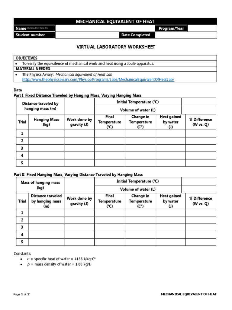 Mechanical Equivalent of Heat Lab Verification PDF Heat Mass