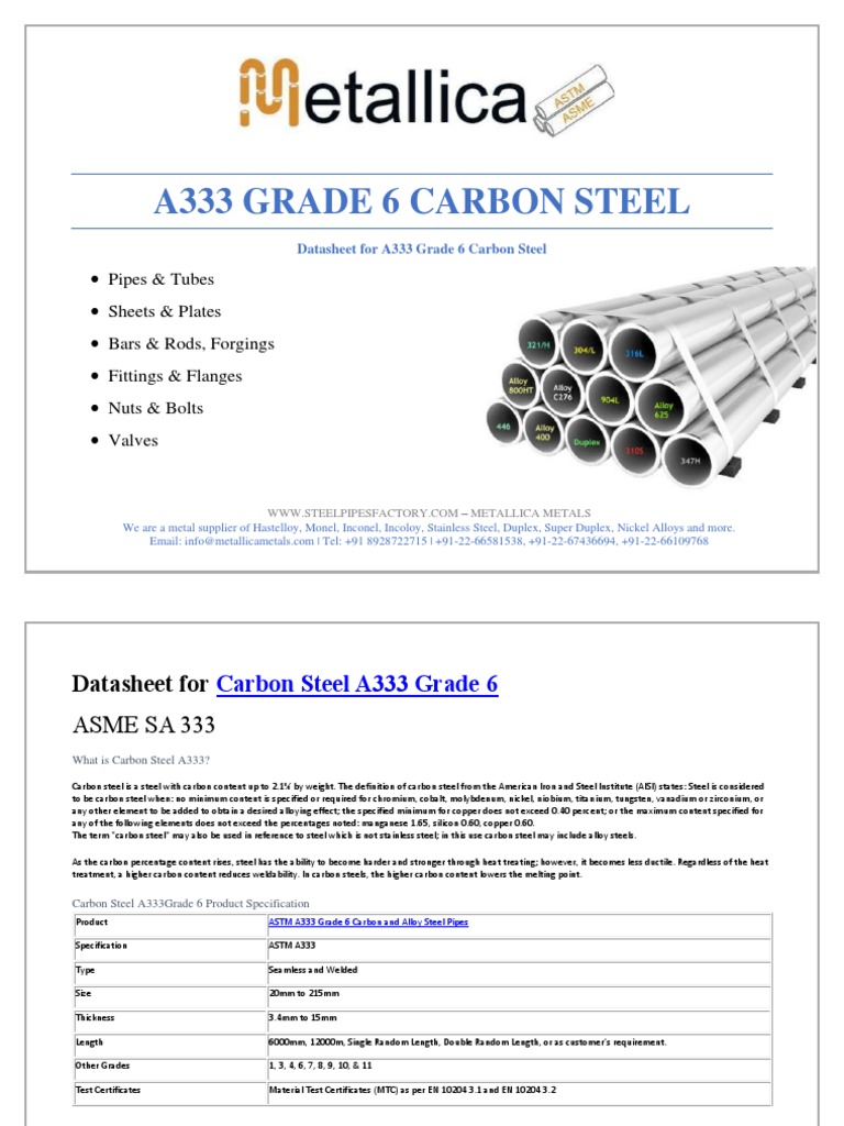 Datasheet For Carbon Steel A333 Grade 6 | PDF | Steel | Materials Science