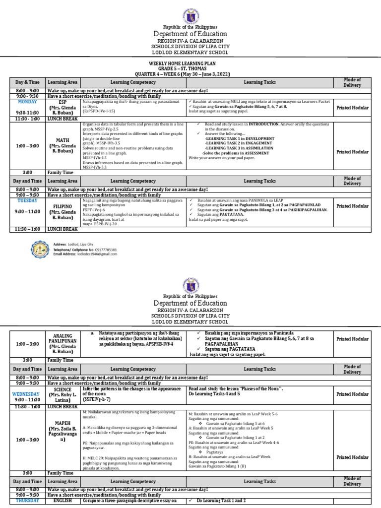 Weekly Home Learning Plan ST Thomas Q4 Week 6 PDF Cognition