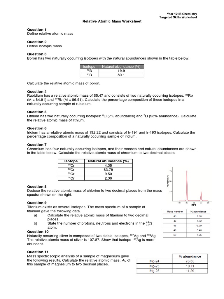 Relative Atomic Mass Worksheet: Isotope Natural Abundance (%) | PDF