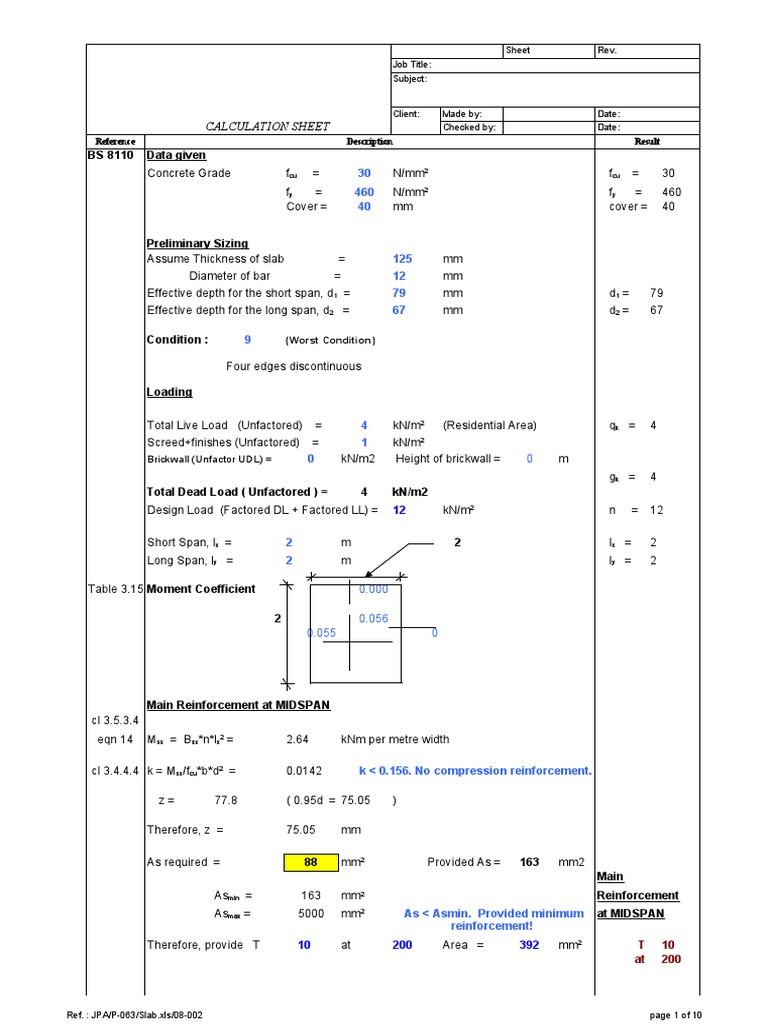 BS 8110 Data Given: Calculation Sheet | PDF | Materials | Civil Engineering