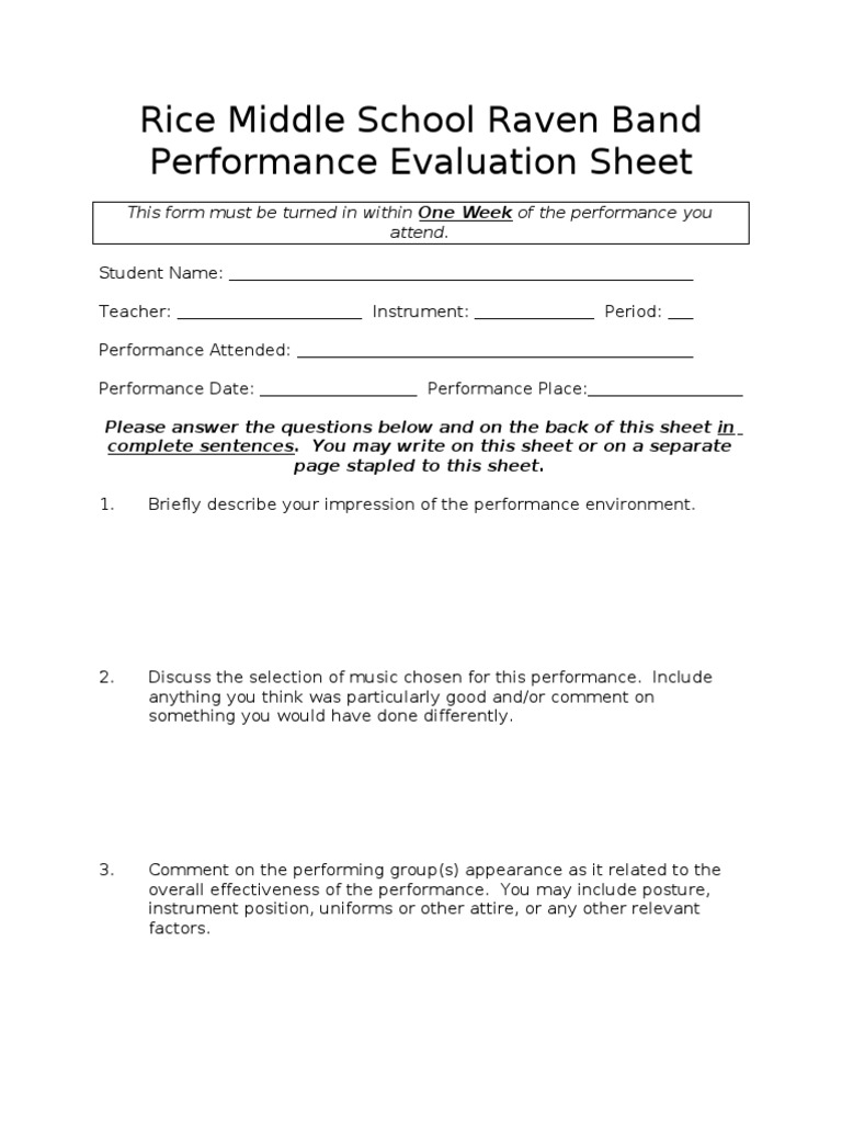 Concert Performance Evaluation Sheet PDF