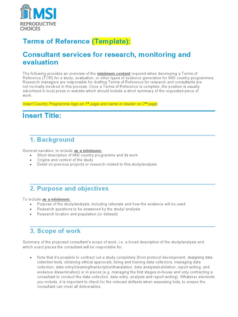 Terms of Reference (Template) Consultant Services For Research