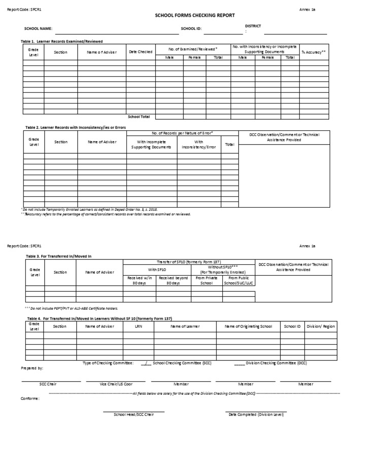 School Forms Checking Report Blank Form PDF