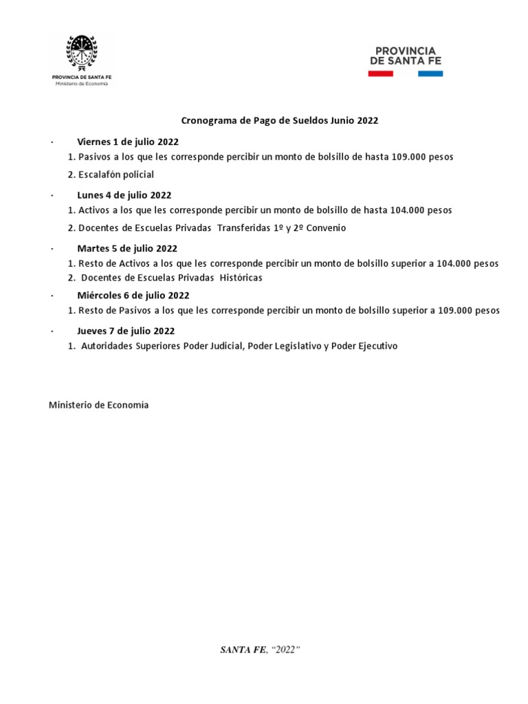 Cronograma de Pago Sueldos de Junio | PDF | Finanzas y dinero