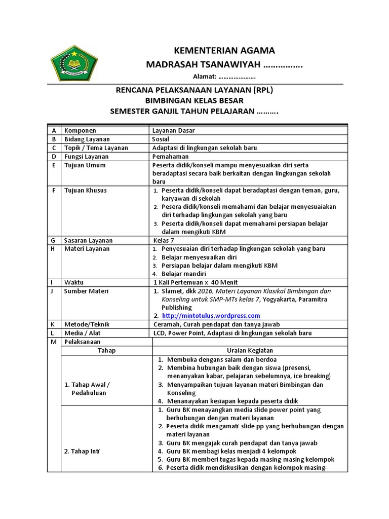 Rencana Bimbingan Kelas 7: Adaptasi Sekolah | PDF