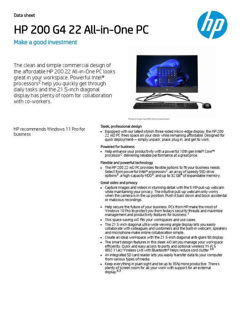 Datasheet HP 200 G4 22 AllInOne PC (9US61EA) PDF Microsoft