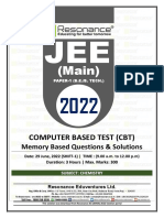 JEE Main 2022 June Session 1 Shift-1 (DT 29-06-2022) Chemistry