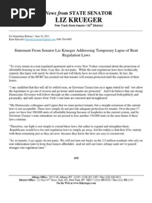 Statement From Senator Liz Krueger Addressing Temporary Lapse of Rent Regulation Laws
