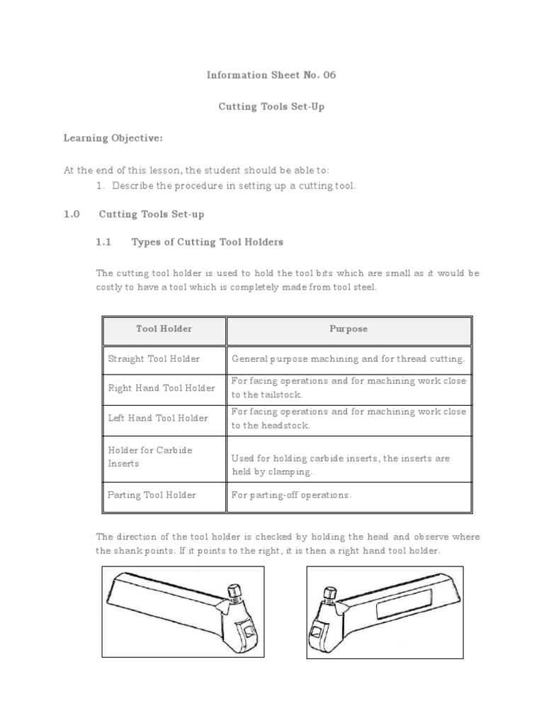 Information Sheet No. 06 Cutting Tools SetUp Learning Objective PDF