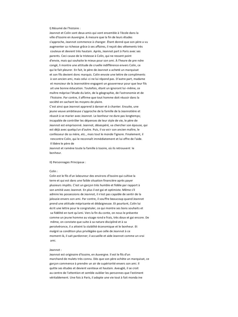 Jeannot Et Colin Résumé Par Chapitre