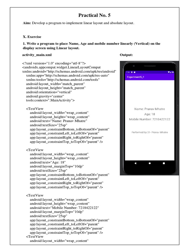 Practical No. 5: Aim: Develop A Program To Implement Linear Layout and ...