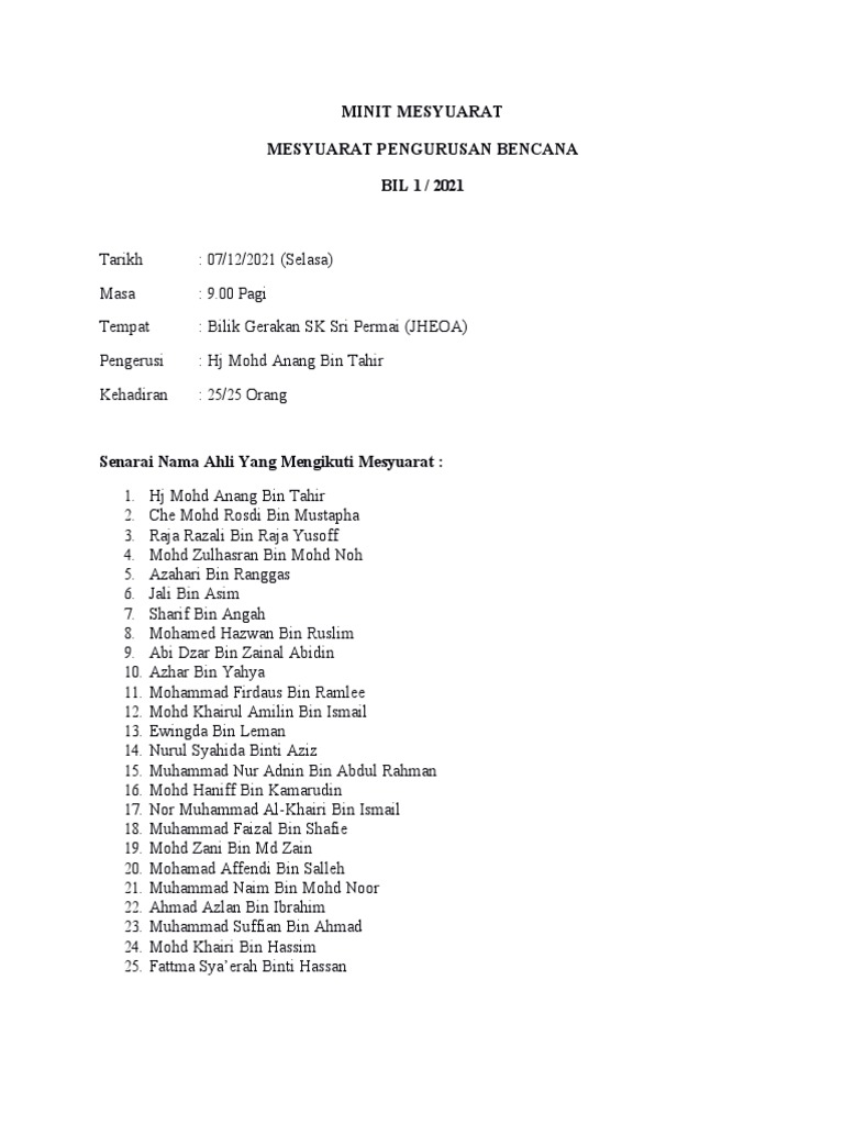 Minit Mesyuarat Jawatankuasa Bencana Bil 1 2021  PDF