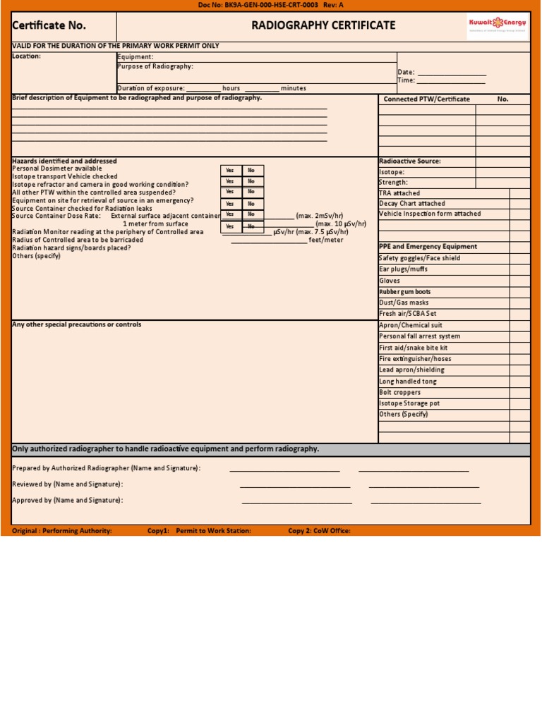 Radiography Permit to Work Certificate | PDF | Occupational Safety And ...