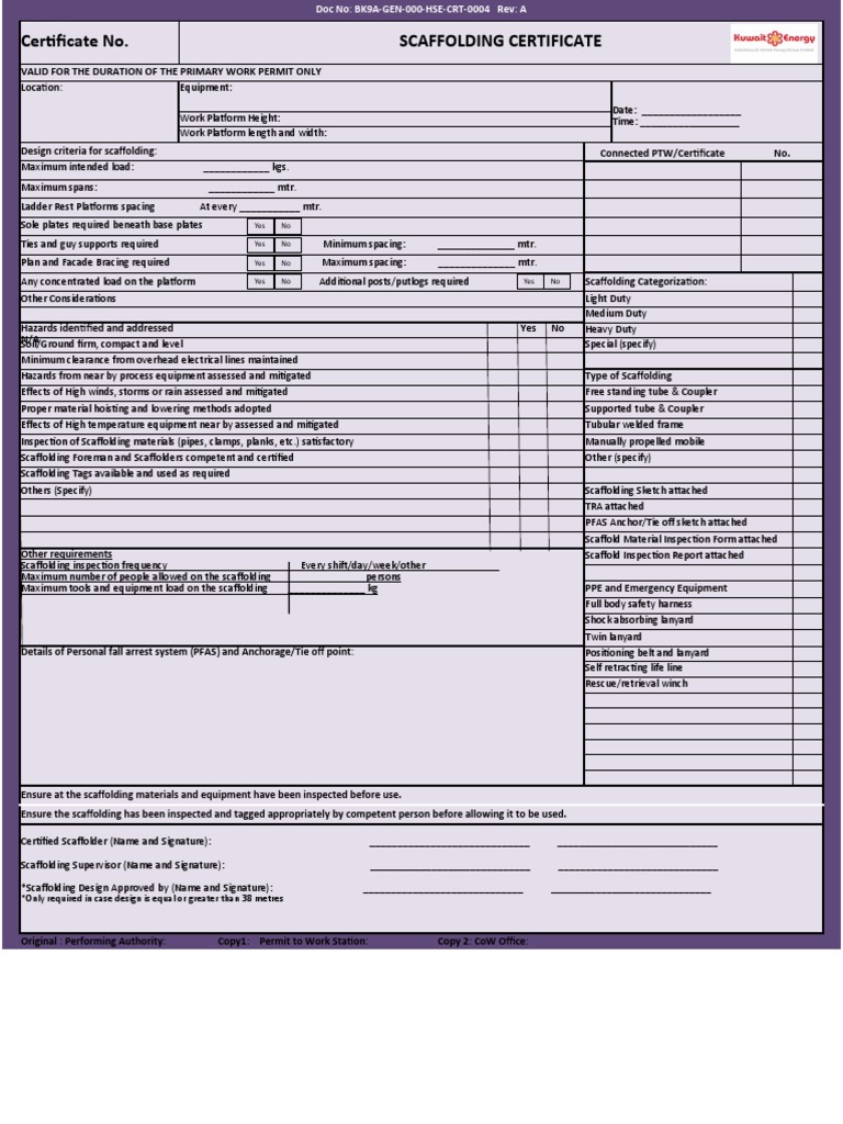 Scaffolding Certificate and PTW Details | PDF | Scaffolding ...